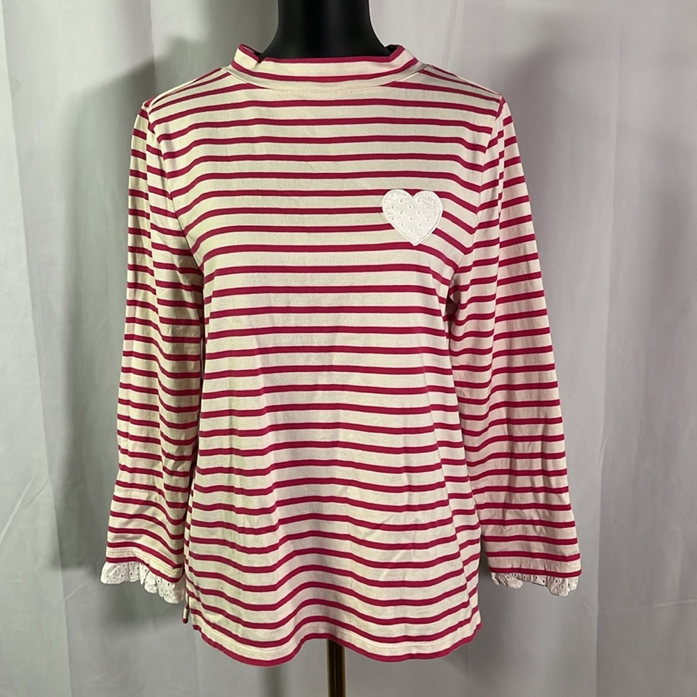 Talbots Pink & White Striped Heart Accent Long Ruffle Sleeve Mock Neck Top